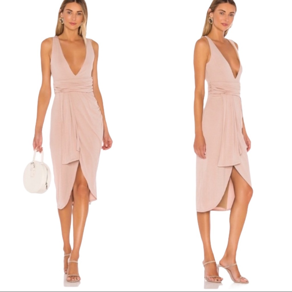Lovers + Friends Revolve Tan V Neck Faux Wrap Sleeveless Sheath Dress
